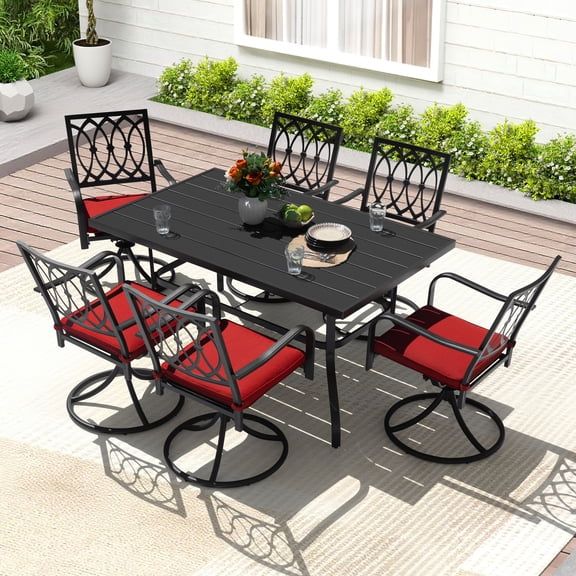 Nuu Garden 7-Piece Metal Patio Dining Set, Outdoor Table and Chairs with Umbrella Hole, a 61'' x 37'' Table and 6 Swivel Chairs with Zippered Cushions, All Weather Patio Furniture Set, Black and Red