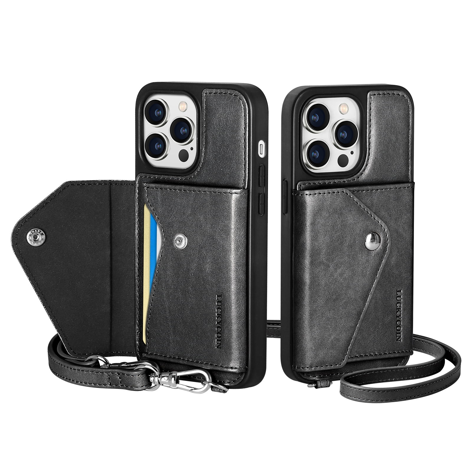 Handmade Genuine Leather Crossbody Wallet Phone Case for Apple iPhone 14 Pro 6.1-Inch,with Strap and Flip Wallet Card Holder,Shockproof Durable Scratch Protective