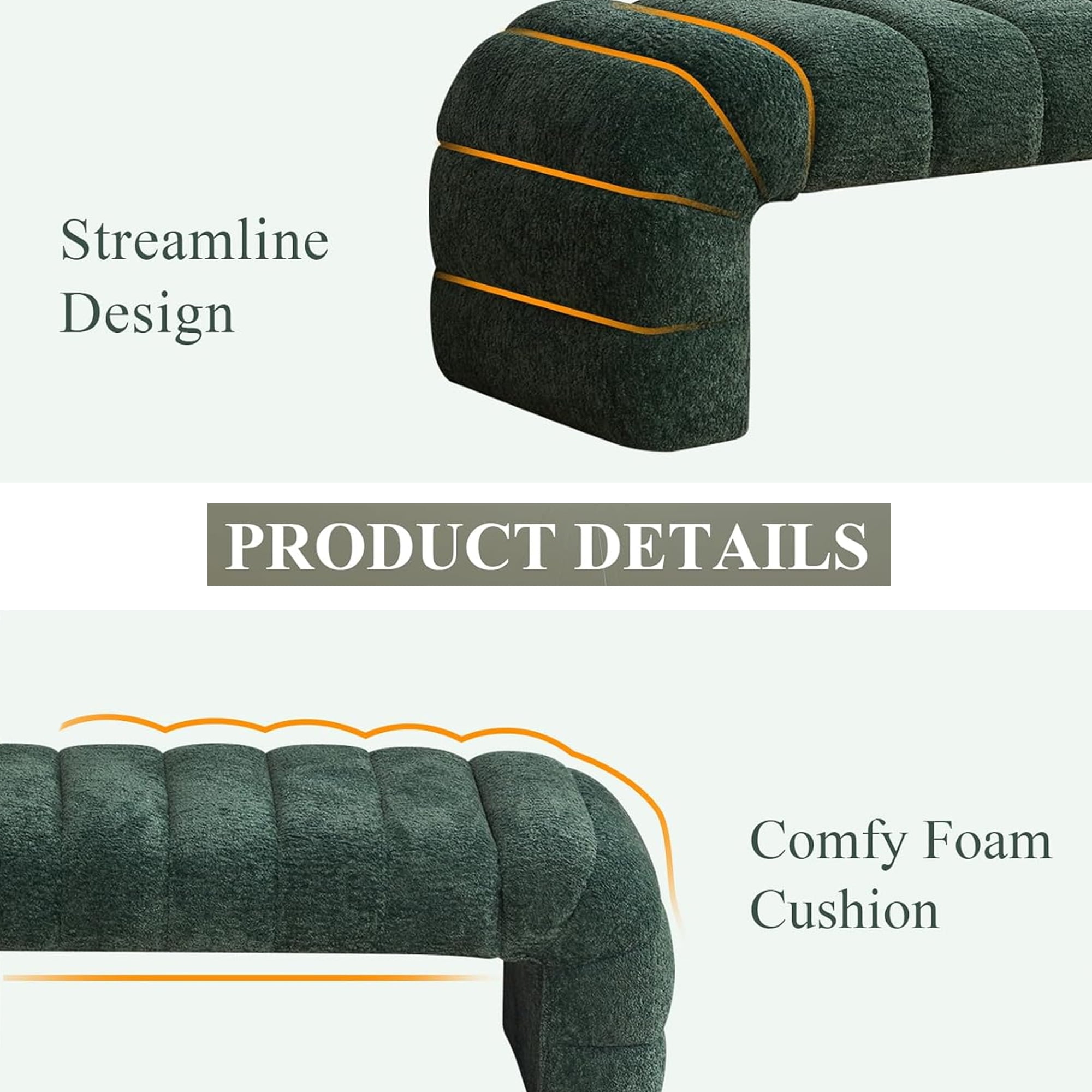 HIUU 70"Green Bench for Bedroom,Bed Benches for Foot of Bed with Streamline Design,Fabric Ottoman Bench with Soft Teddy Fabric,Modern Bedroom Benches for Living Room and Bedroom, Entryway