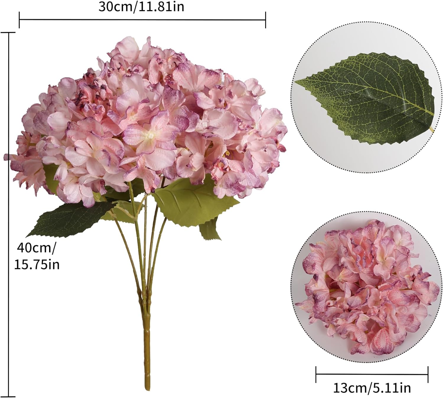 Silk Hydrangea Artificial Flowers, Heads Pink Fake Hydrangeas Vintage Dried Flowers with Stems Pink Hydrangea for Wedding Arrangement Party Office Home Decor(Pink)
