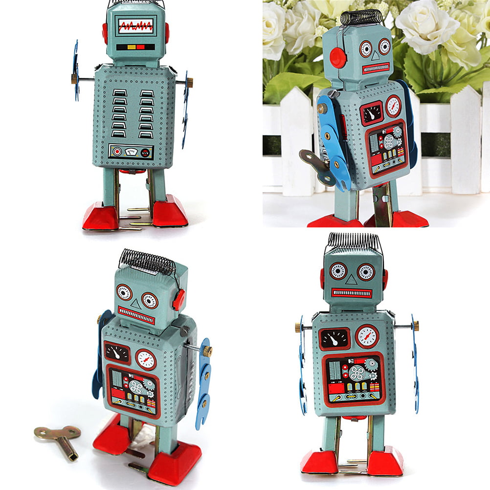 Vintage Mechanical Clockwork Wind Up Toys Walking Radar Robot Tin Toy*
