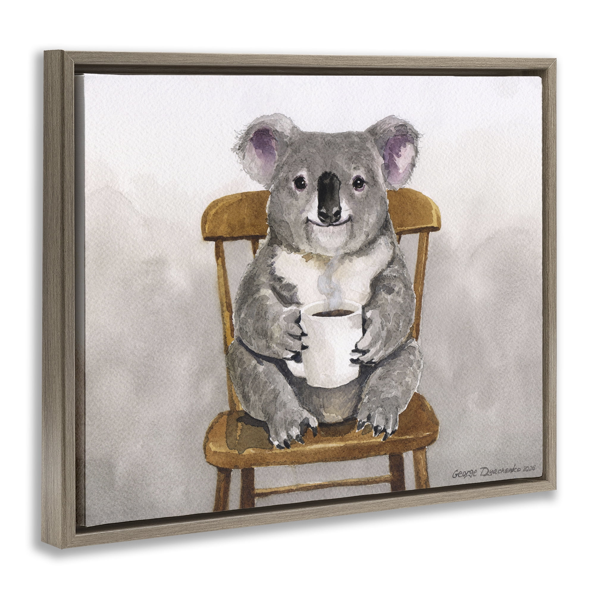 Stupell Industries Koala with Coffee Mug Brown Framed Floater Canvas Wall Art, design by George Dyachenko
