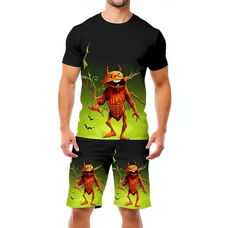 Halloween Two-Piece Outfit: Black Shirt & Shorts Set with Orange Design & Bats on Green Background