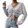 thumbnail image 1 of Dinheiro Jersey de Mujer Prendas de Punto Recortadas acanaladas Top Corto de Punto Fruncido con cordón Cuello en V sólido (Gris),,S,, 1 of 5