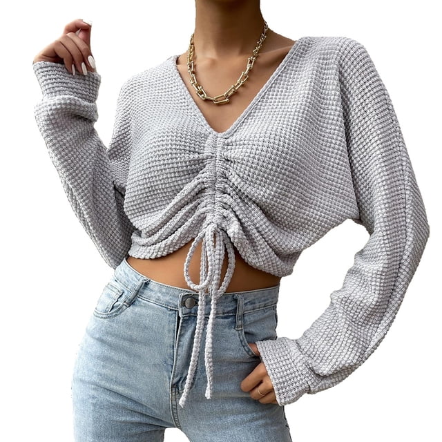 Dinheiro Jersey de Mujer Prendas de Punto Recortadas acanaladas Top Corto de Punto Fruncido con cordón Cuello en V sólido (Gris),,S,