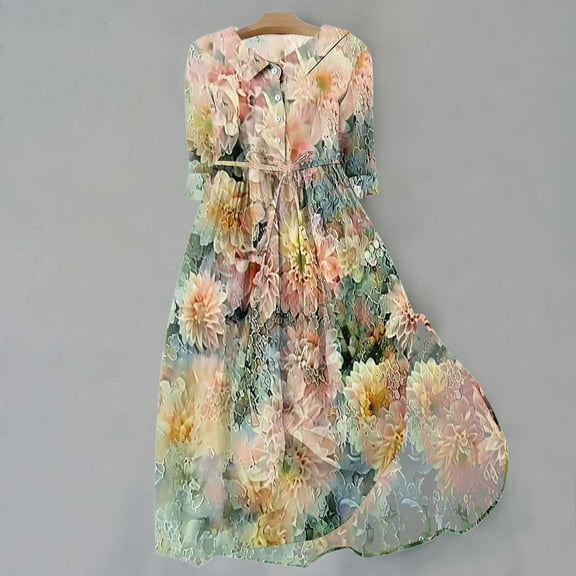 WFJCJPAF 2025 New Product Autumn Dresses for Women under $10 Plus Size,Women's Summer Printed Fashion 3/4 Sleeve Turndown Collar Dress - Pink S