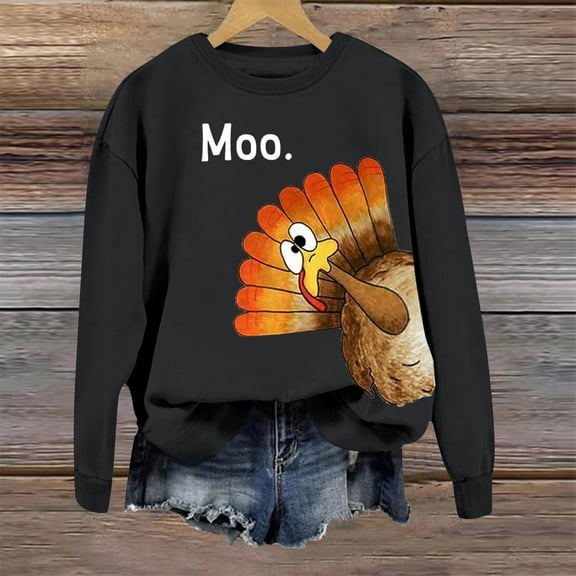 FAOWME Women's Thanksgiving T Shirt Long Sleeve Round Neck Turkey Printed Comfortable Breathable Sweatshirt For Daily Wear Black L