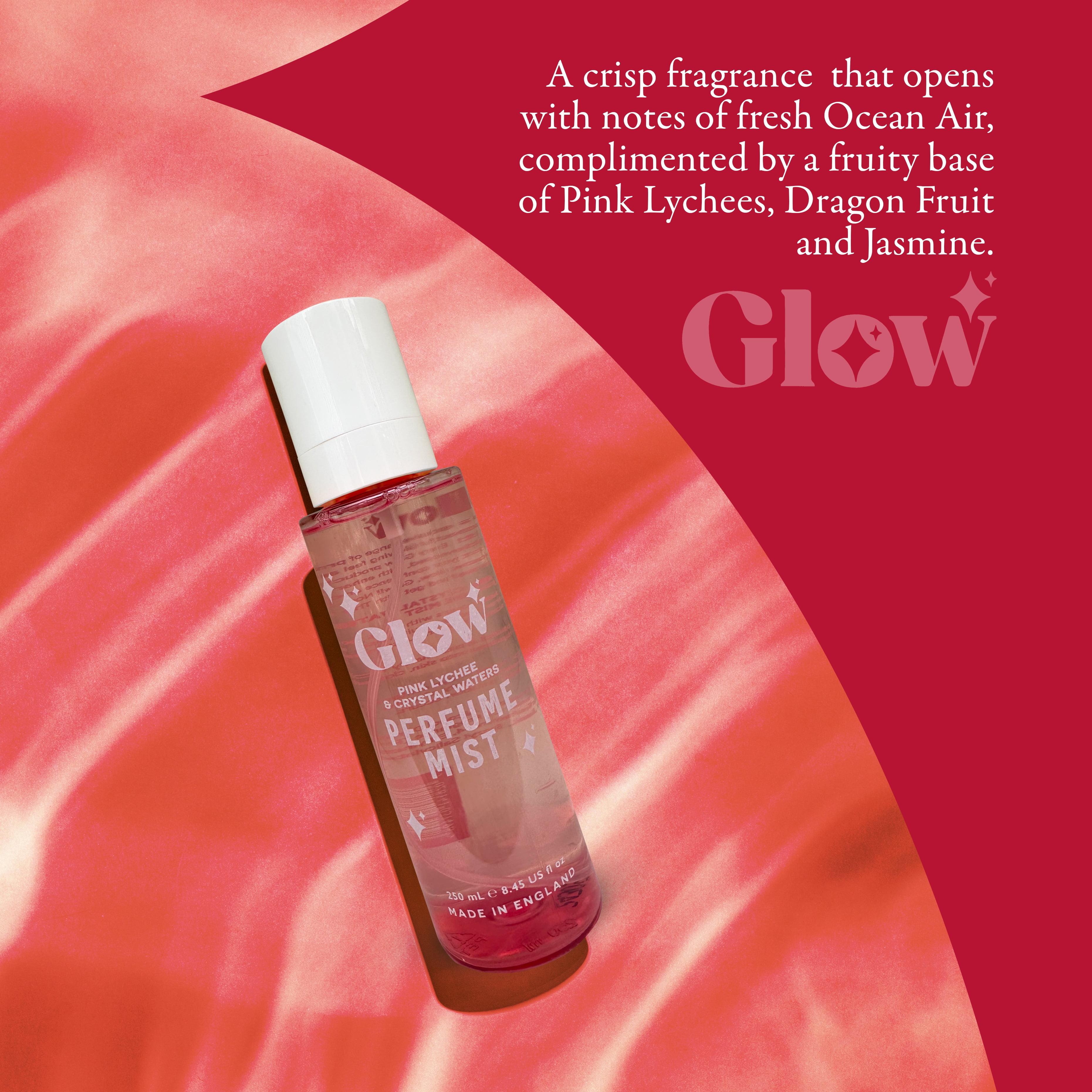 Glow Perfume Mist, Pink Lychee & Crystal Waters Body Spray, 250 ml / 8.45  fl oz, Made in England