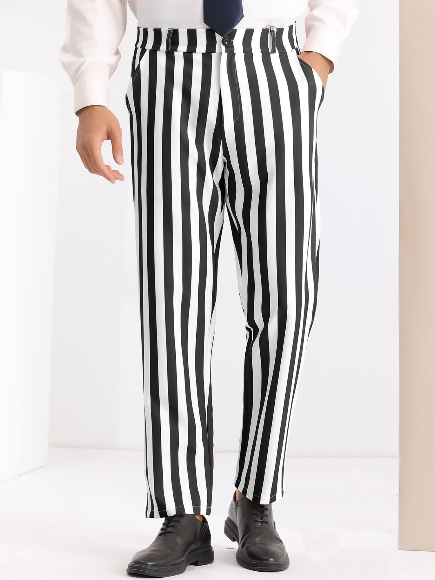 DARING DIVA Men's Striped Dress Pants Straight Leg Color Block Trousers 38 Black White