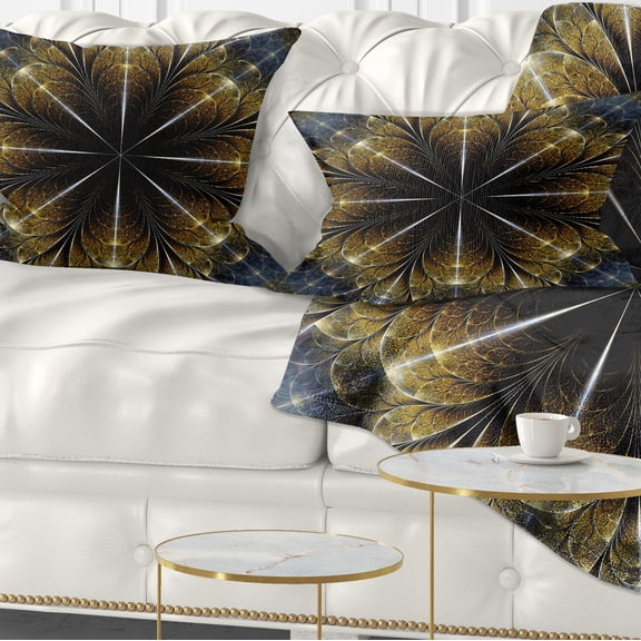 Designart Symmetrical Gold Fractal Flower - Abstract Throw Pillow - 12x20