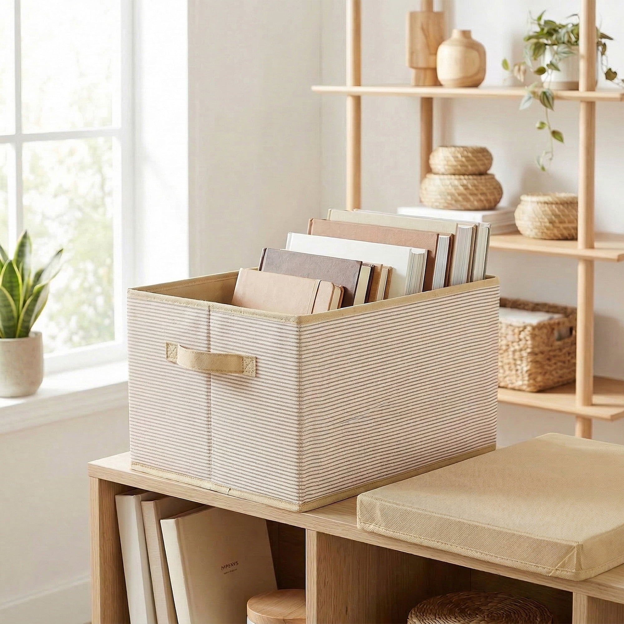 Unique Bargains Fabric Storage Bin with Handles and Lid Coffee 17.7*13.8*11in