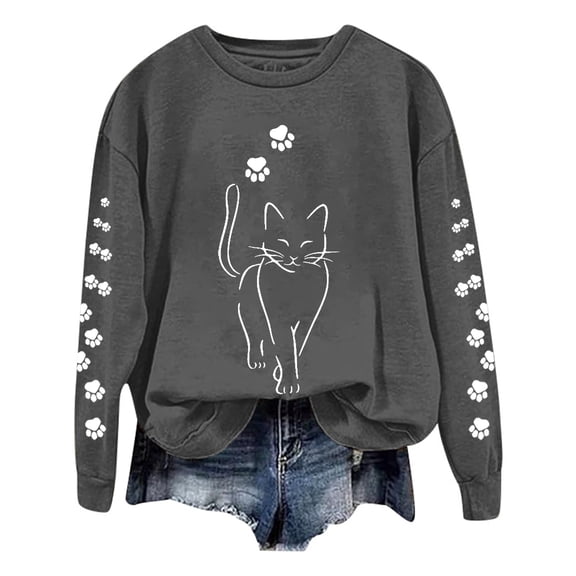 TIANZEN Women Casual Cute Cat Graphic Printed Long Sleeve Loose Sweatshirts Pullover Sweatshirts Blouse Crop Sweater