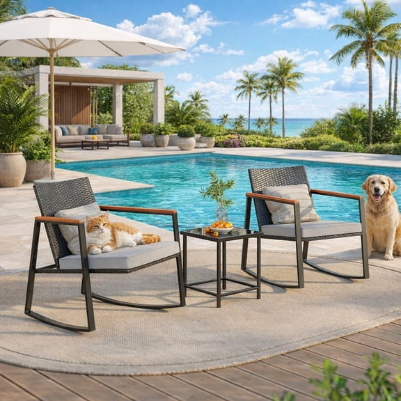 Aiho outdoor rocking chairs set of 3 with PE Wicker, All-Weather outdoor patio furniture set with Coffee Table and Soft cushions, For Garden, Backyard, Poolside, Balcony, Patio and Porch-Blue