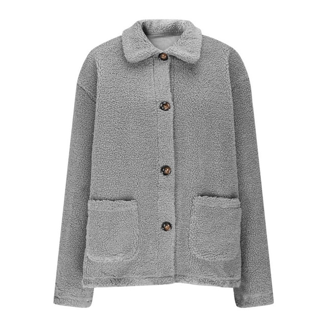 HAiming Womens Fuzzy Coat Button down Lapel Callor Fleece Jacket Tops Solid Color Soft Warm Clothes