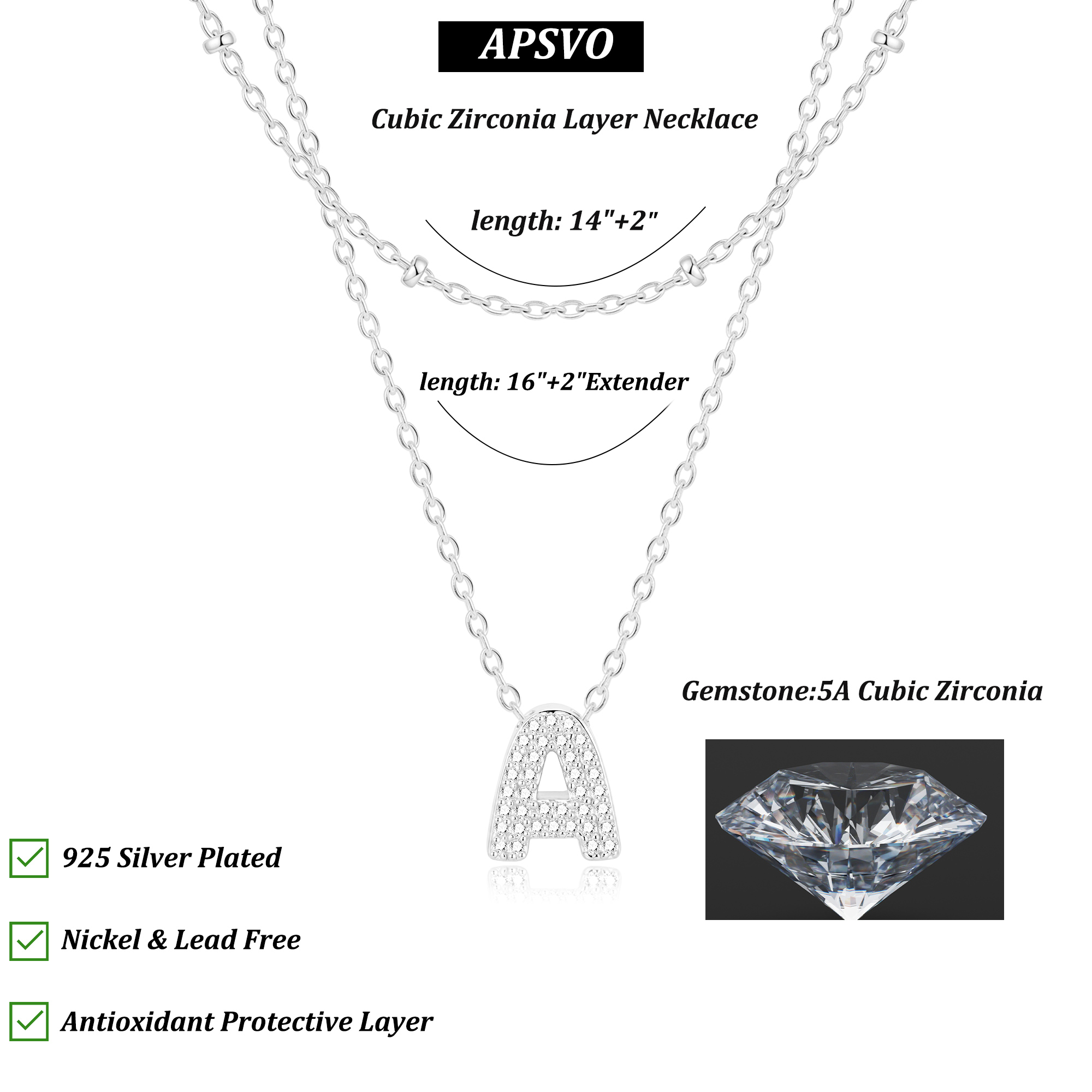 APSVO 925 Silver Plated Initial Necklace with CZ, Letter A photo 4