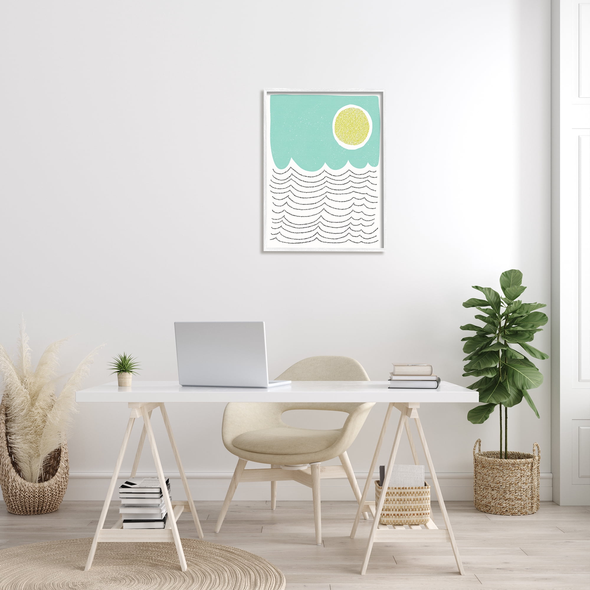 Stupell Industries Sun Rising over Ocean Waves Abstract Dotted Lines Abstract Painting White Framed Art Print Wall Art, 24 x 30
