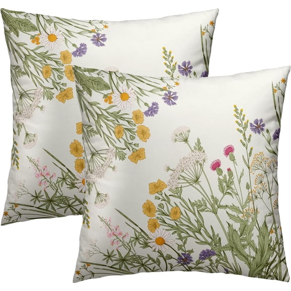 Herb Wildflowers Throw Pillow Covers Set of 2, 16x16 Inch Vintage Botanical Floral Leaves Square Zipper Closure Pillowcases for Living Room Bedroom Sofa Couch Bench Seasonal Decor