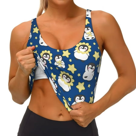 Qokaie Star Penguin Pattern Womens Scoop Neck Sports Bra Breathable Workout Vest Padded U Back Medium Impact Fitness Gym Yoga Bra Workout Crop Top
