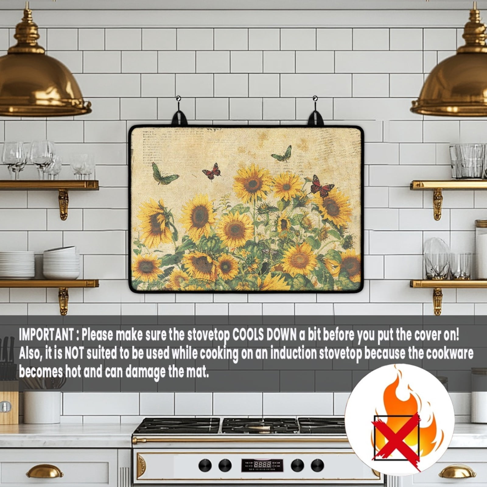 SEANATIVE Cooktop Cover Gas Stove Top Cover Induction Stove Protector Anti-Slip Heat-Resistant Pad Electric Glass Stoves Covers 29.18 x 20.96 Inches, Sunflower Butterfly Retro Vintage Style