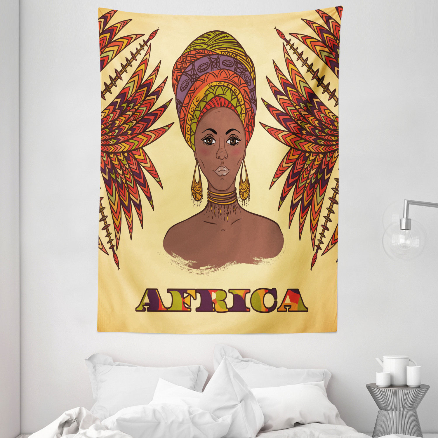 African Tapestry, Ethnic Woman in Traditional Turban and Palms Cultural 