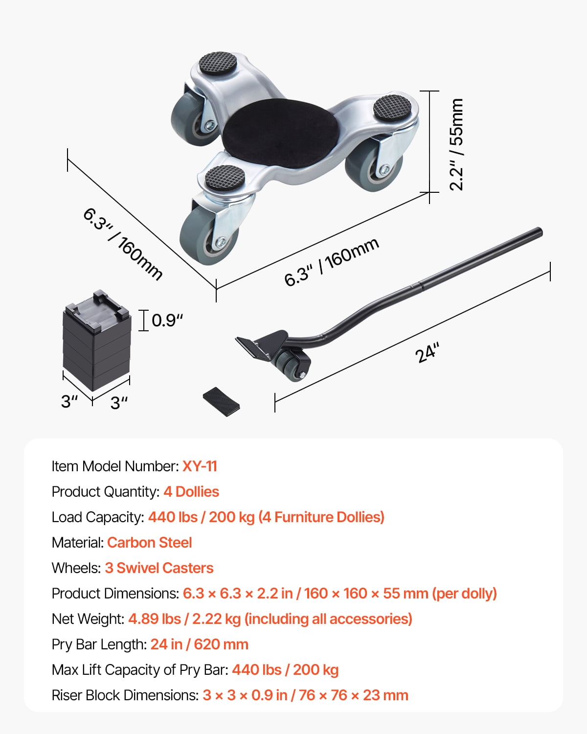 KFFKFF Appliance Dolly, Supports up to 440 lbs, 3-Wheeled Steel 6.3" Tri-dolly, Robust Mover with Rotating Triangle Casters, Carbon Steel Surface, Furniture Elevation Moving Kit