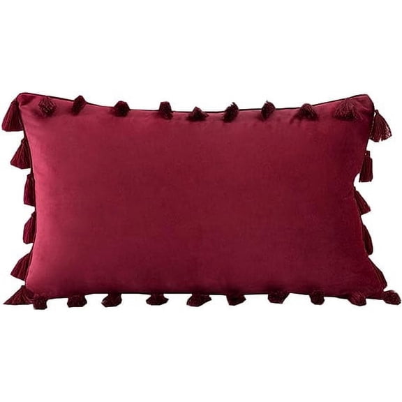 Nvzi Velvet Soft Solid Decorative Throw Pillow Cover with Tassels Boho Accent Cushion Case for Couch Bedroom Car Wine Red 12''x20''
