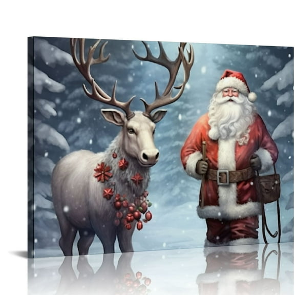 ONETECH Christmas Canvas Wall Art: Santa Claus and Reindeer Christmas Decor Picture for Wall - Winter Scene Painting White Farmhouse Poster Framed Living Room Home Decoration - 20x16in