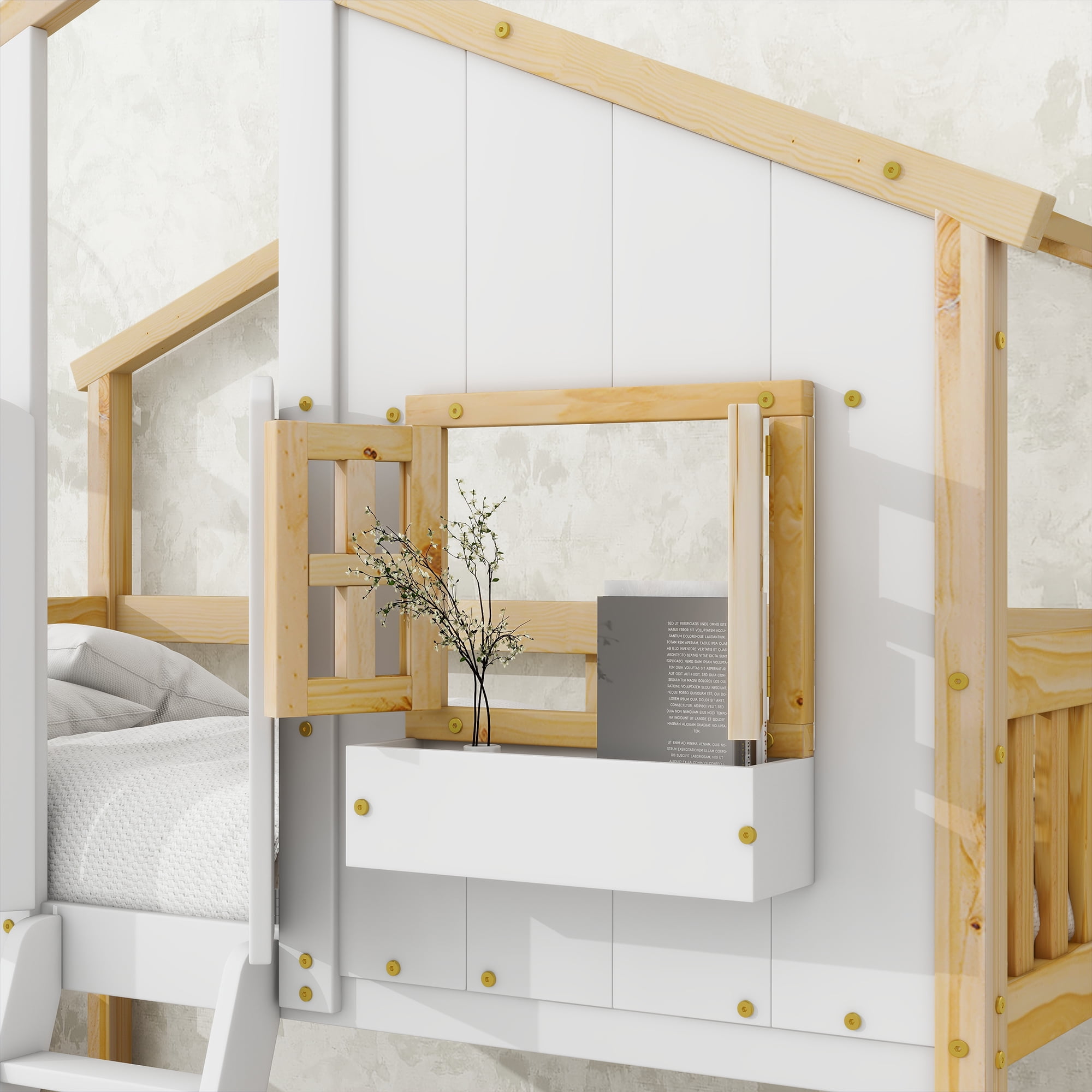 Leumius Twin over Twin Floor Bunk Bed with Ladder and Guardrails, House-Shaped-Bunk Bed with Window and Door for Boys Girls Natural+White