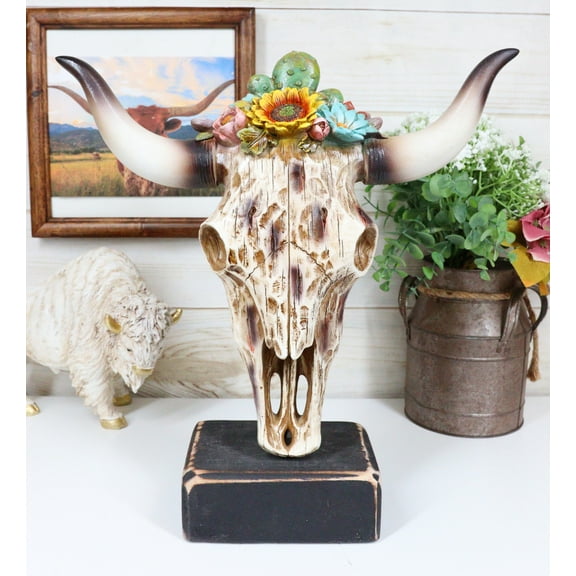 Rustic Western Faux Distressed Wood Bull Cow Skull With Floral Succulents Statue