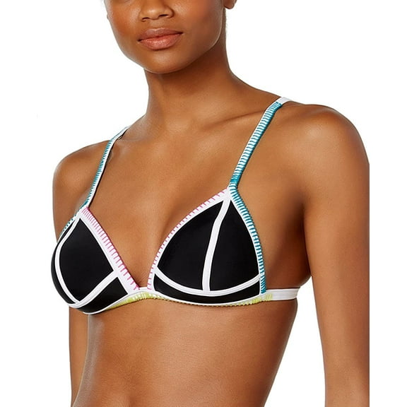 Hula Honey BLACK/WHITE Colorblocked Triangle Push-Up Bikini Swim Top, US X-Small