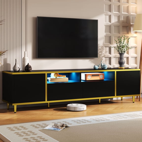 S-HOME Modern TV Stand for TVs Up to 80 Inches with Drawers, Cabinets, and LED Lights for Home Decor, Black