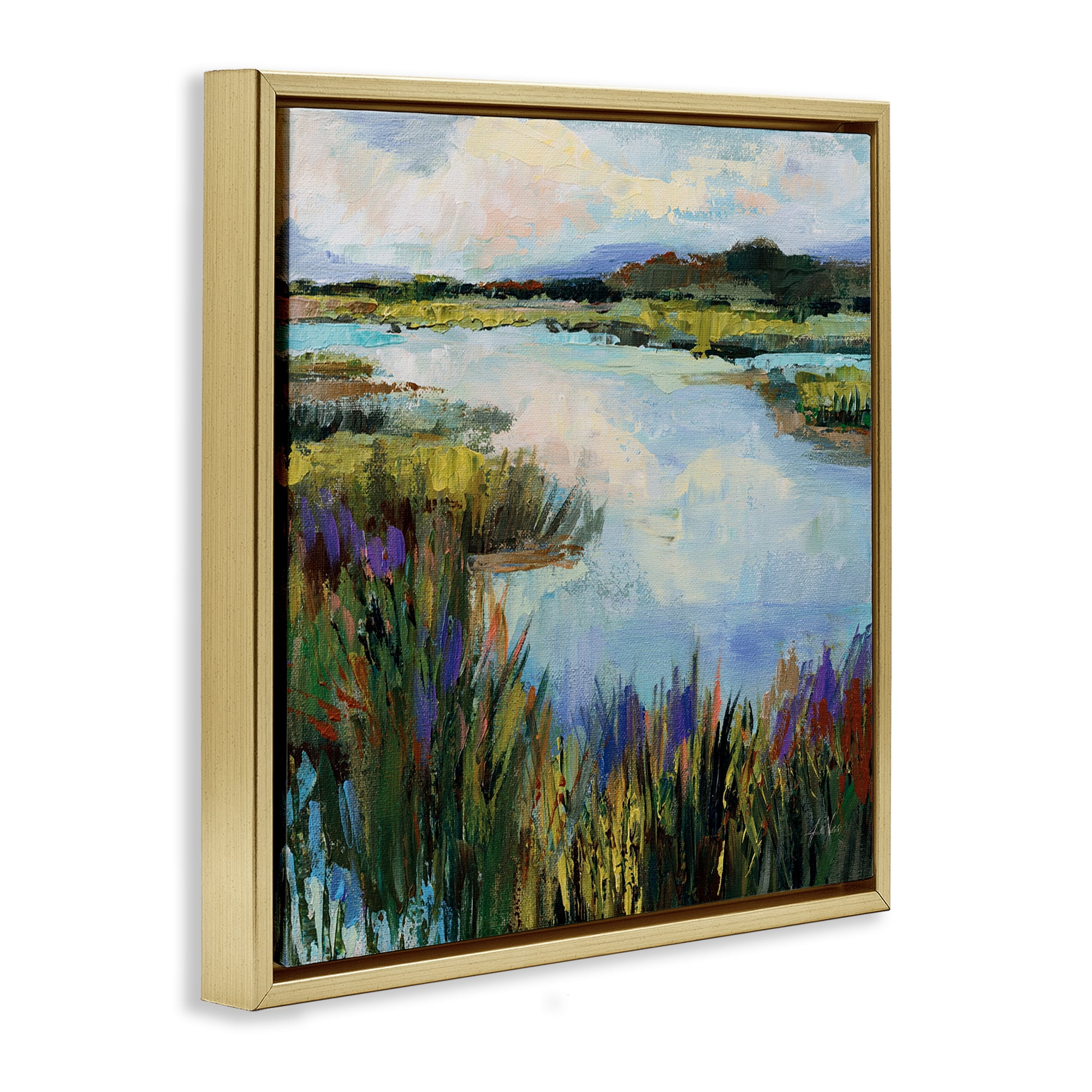 Stupell Industries Rural Stream Nature Landscape Painting Gold Floater Framed Canvas Art Print Wall Art, 25 x 25