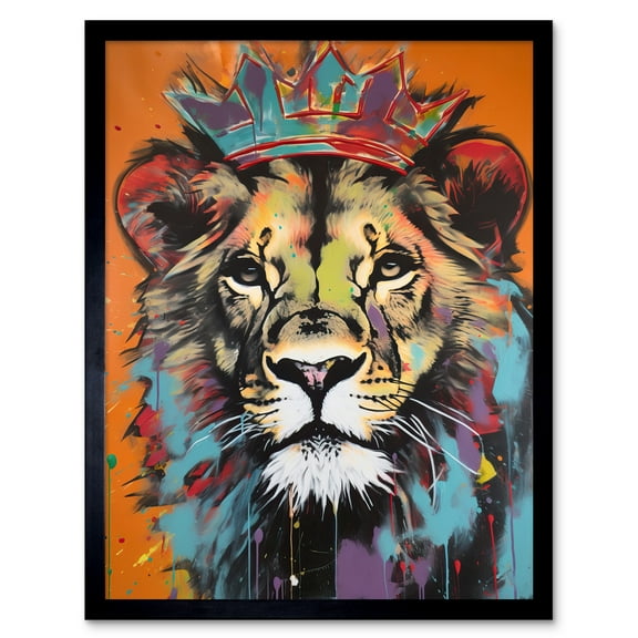 Lion Wearing Crown Jungle King Animal Portrait Art Print Framed Poster Wall Decor 12x16 inch