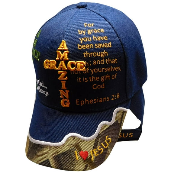 AMAZING GRACE Ephesians 2:8 Christian Navy Blue Camo Hat Cap Saved By Grace