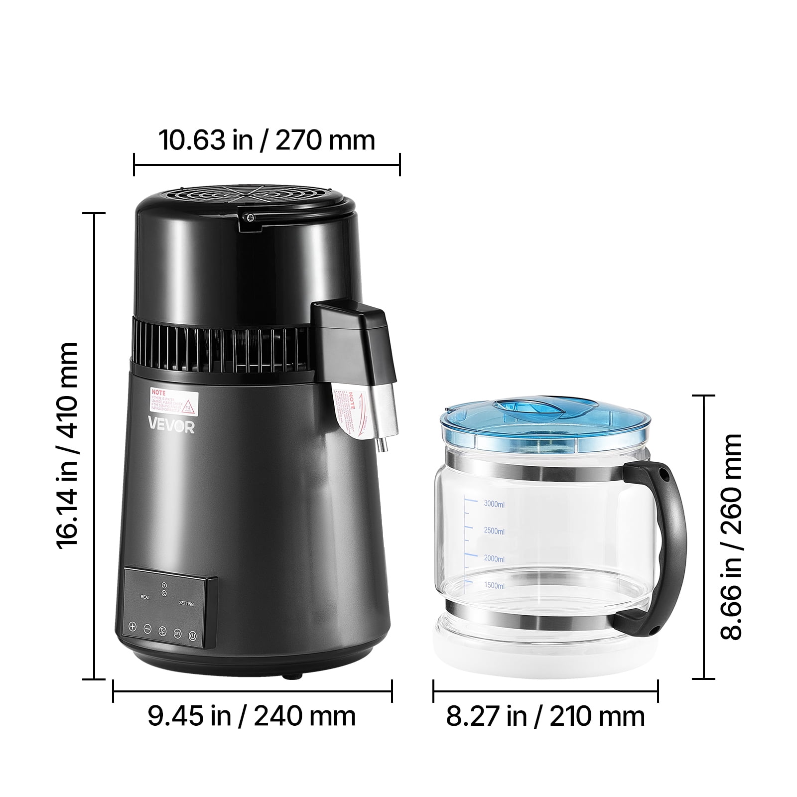 VEVOR Water Distiller, 4L 1.1 Gallon Pure Water Purifier Filter For Home Table Countertop, 1750W Distilled Maker with Glass Pot, Stainless Steel Interior Drinking Machine to Make Clean Waters, Grey