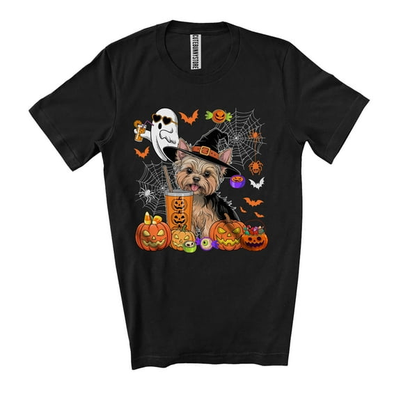 Witch Yorkshire Terrier Drinking Coffee; Horror Halloween Costume Boo Ghost Pumpkin; Family Group Unisex T-Shirt