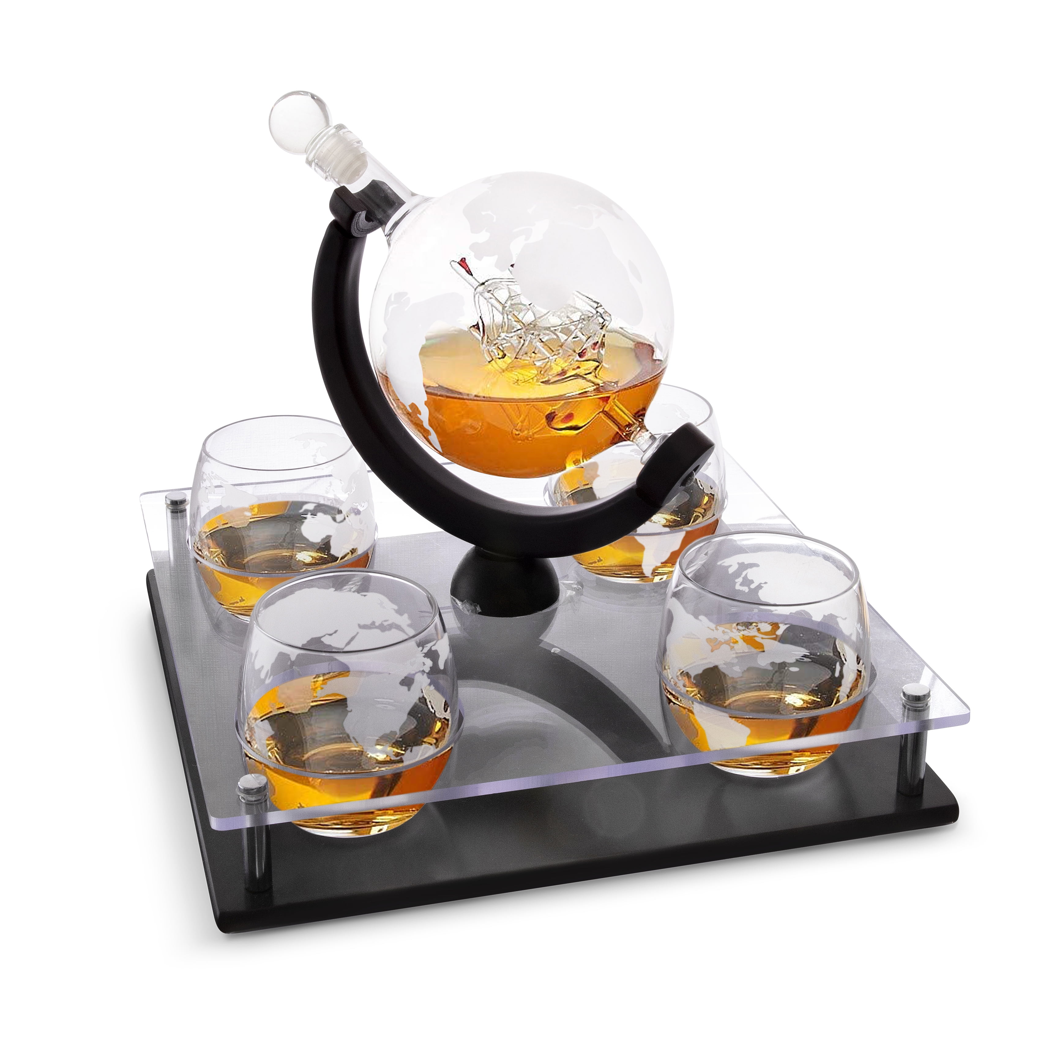 Funnel Liquor Dispenser for Scotch 30 oz Liquor Decanter with Ship Inside Vodka Gold Globe Whiskey Decanter Set with Glasses Bourbon 2 Whiskey Glasses and Glass Stopper 