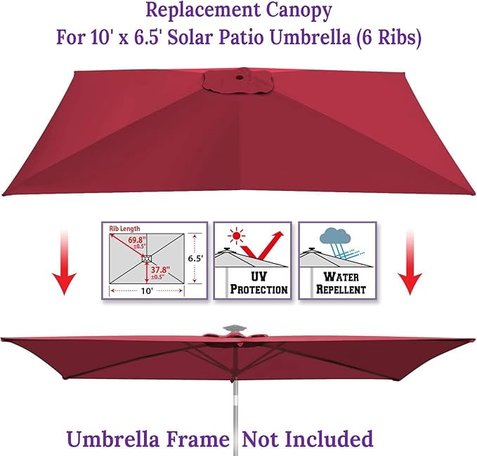 ALUVIERA 6-Rib 10'x6.5' Solar Patio Umbrella Replacement Canopy cover for Outdoor