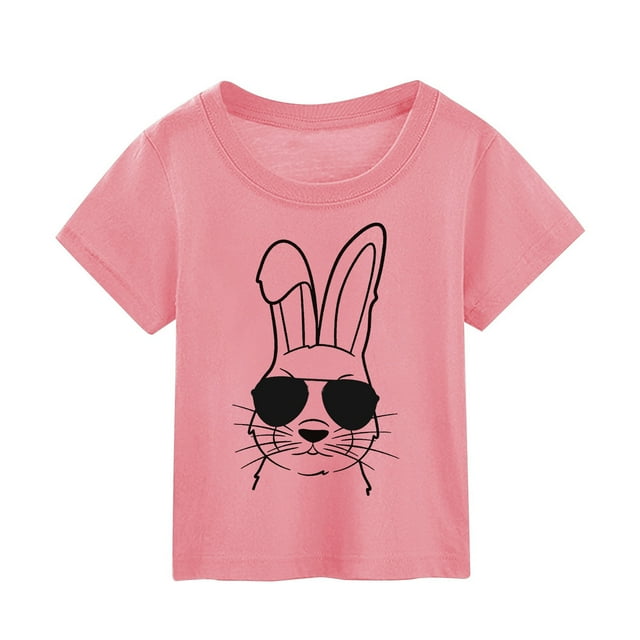 PMVFHDE T-Shirt Graphique à Manches Courtes Imprimé Lapin de Pâques pour Enfants, Col Rond, Décontracté, Printemps Été, Rose, 5-6 Ans