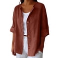 thumbnail image 2 of Xdegoge Button Down Shirts for Women Collarless V Neck Three Quarter Sleeve Casual Relaxed Everyday Wear Loose Fit Solid Linen Textured Breathable Summer Tops, 2 of 4