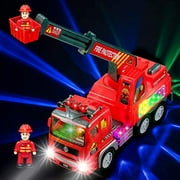 Fire Engine Ladder Truck for Kids with Two Fireman Figures - 4d Lights & Real Siren Sounds Bump and Go Toy - Automatic Steering On Contact - Imaginative Play