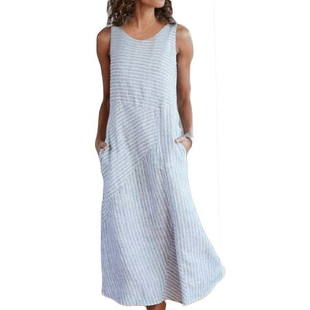 Women Sleeveless Round Neck Striped Long Dress Pockets Summer Casual