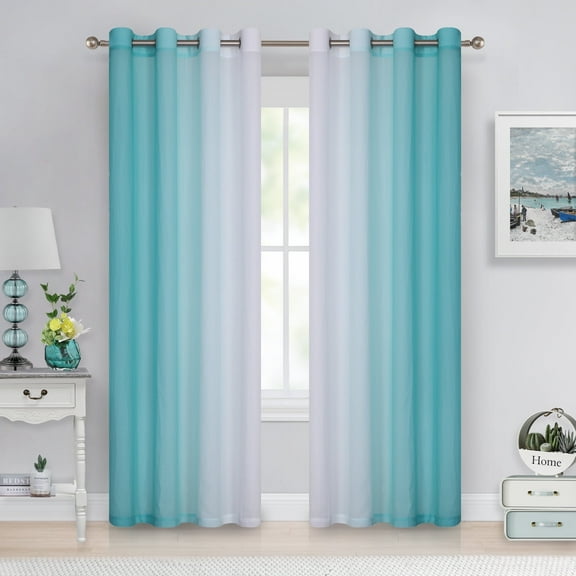 Junvictex Teal Ombre Crushed Chiffon Sheer Curtains 52"Wx84"L for Bedroom Living Room Decor, Set of 2 Crinkle Curtain Panels,Grommet