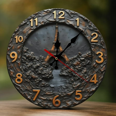 Wall Clock Decorative - Vintage Bronze Eiffel Tower Print 2D Vintage Wall Clocks Battery Operated Silent Non-Ticking for Bedroom, Living Room, Kitchen, Office, Classroom, 10 Inch