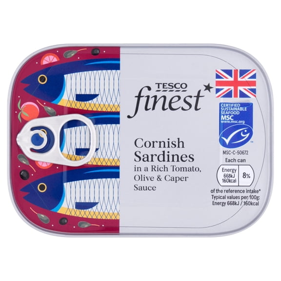 Tesco Finest Cornish Sardines in a Rich Tomato, Oliver & Caper Sauce 100G, Imported from Britain