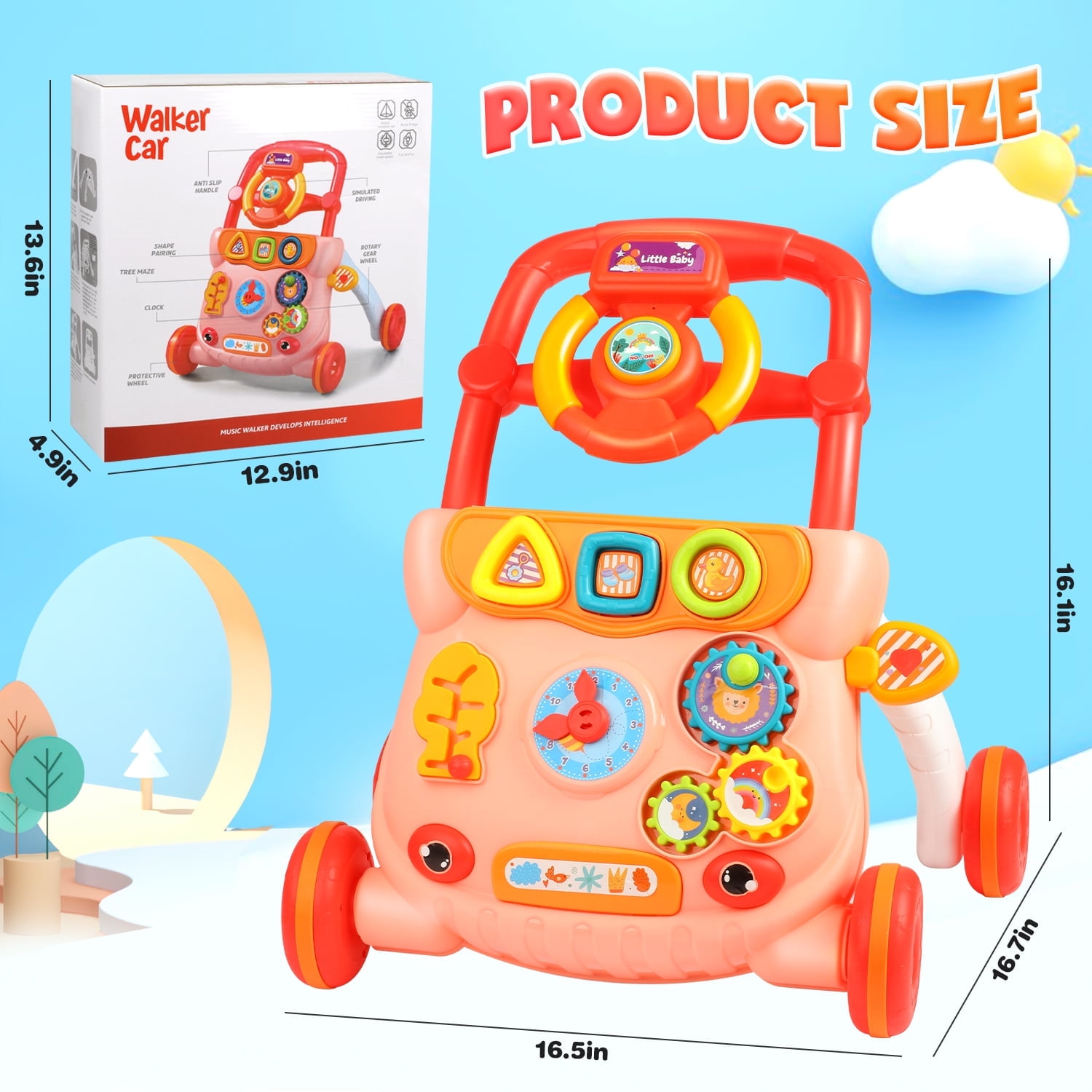Huge Wave Baby Push Walker Toys, Sit to Stand Early Learning Walker with Activity Center, Baby Push Walker Toy Gift for 6-12 12-18 Months, Red