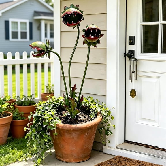Leutsin Whimsical Metal Carnivorous Plant Garden Stake, 25 Inch Large Venus Flytrap Monster Plant Sculpture Ground Stake, Durable Outdoor Art Decor for Patios Lawn Yard, Unique Quirky Garden Gift