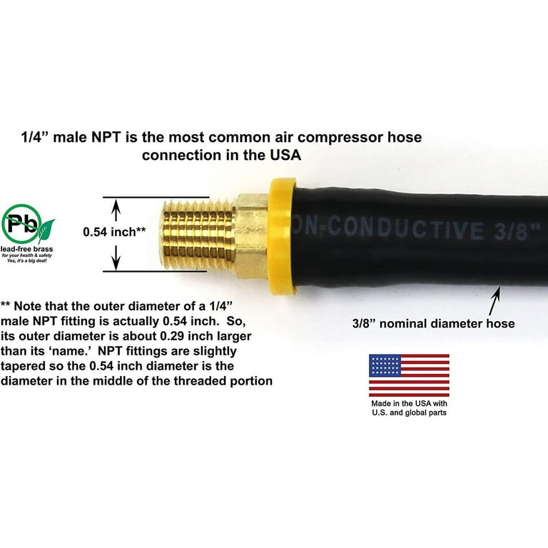 15-inch Short Air Compressor Hose: 1/4 Male NPT To 1/4 Male NPT  Connections (Lead-Free Brass) 15 Inches 