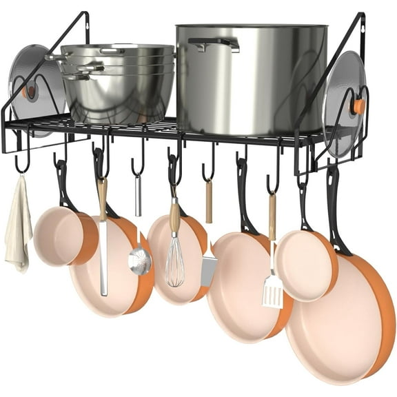 35 Inch Pot Rack Wall Mounted, Pots and Pans Organizer with 12 Hooks and 2 Pot Lid Holders, Heavy Duty Steel Pot and Pan Hanger for Kitchen Cookware Utensils Storage 34.7" Lx13 Wx12.6 H