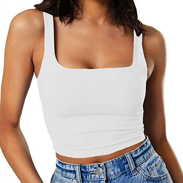 Camisola básica informal de doble capa con tirantes y cuello cuadrado para entrenamiento y fitness para mujer, color blanco
